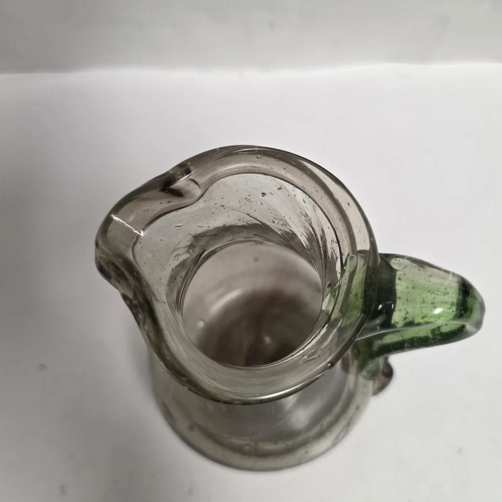 Hand Blown Art Glass Mini Pitcher Smoky Gray Seed Glass Applied Green Handle 6